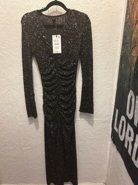 Zara Black Sparkle Ruched Long-Sleeve Maxi Dress
